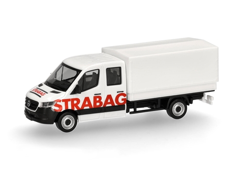Herpa 098991 Mercedes Sprinter '18 Double cab with flatbed/tarpaulin, "STRABAG" H0