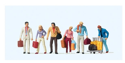 Preiser 10115 Travelers, walking with suitcases and luggage cart, six people, H0