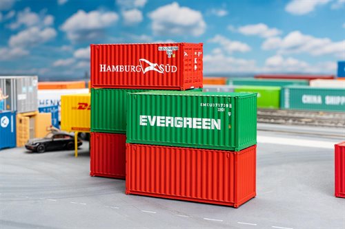 Faller 182051 20' Container, Hamburg Süd and Evergreen, 5-Piece Set, H0