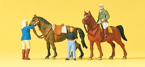 Preiser 10503 På ridetur, 3 figurer og to heste, H0