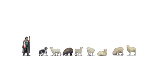 Noch 35740 Shepherd, sheepdog and six sheep, Gauge N